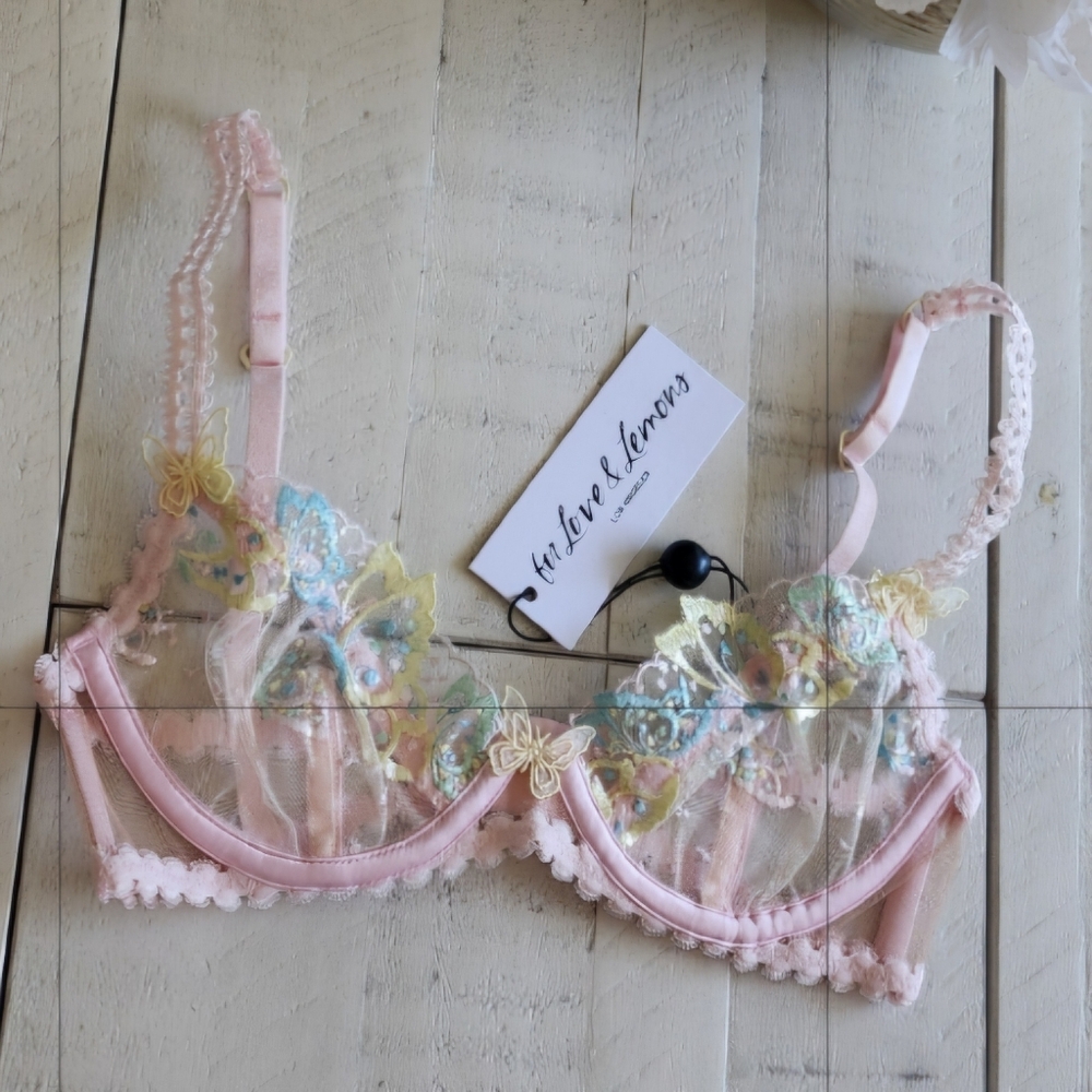 For Love And Lemons Pastel Pink Blue Embroidered Lingerie Bra SZ XXS NWT